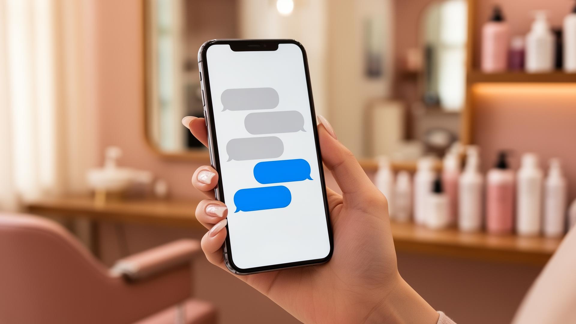 Жінка в б'юті-салоні тримає смартфон з відкритим чатом AI-асистента