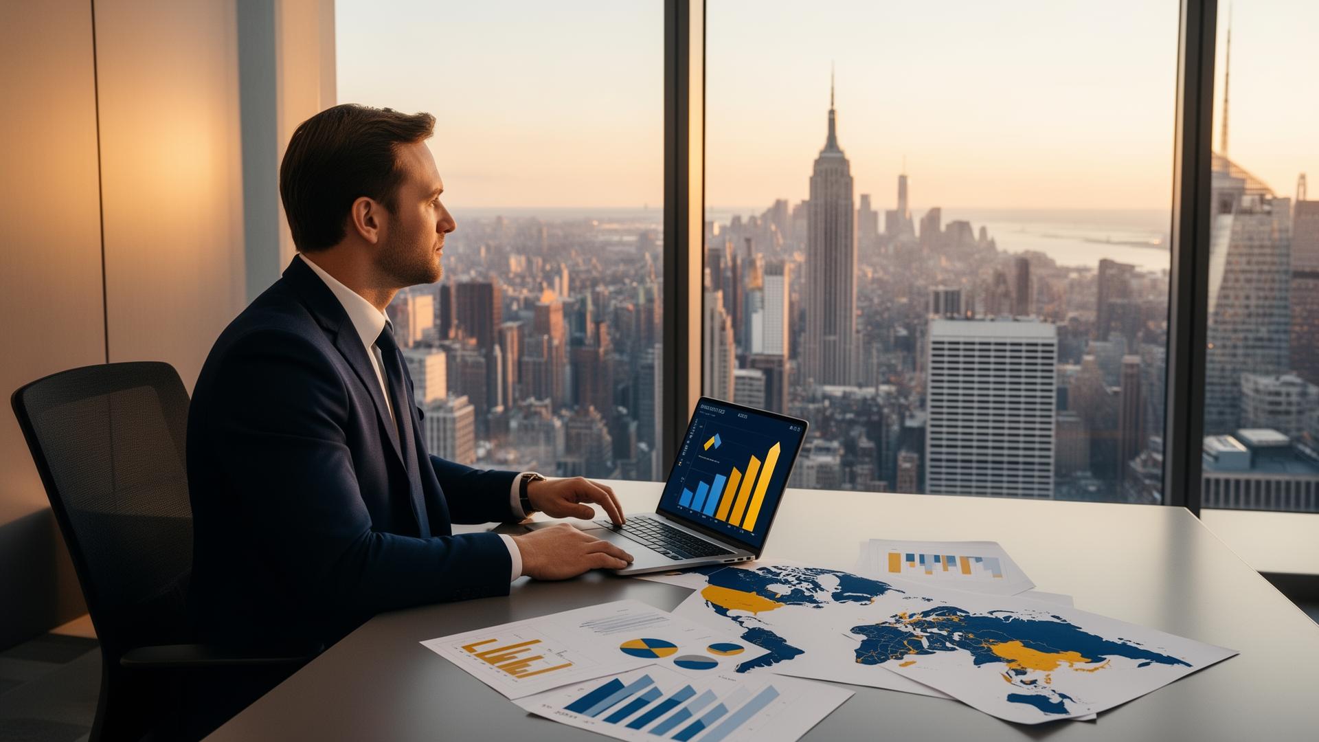 Український підприємець дивиться на панораму Манхеттена з ноутбуком та маркетинговими графіками - вихід бізнесу на ринок США