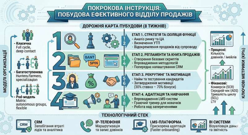 Інфографіка: покрокова інструкція побудови ефективного відділу продажів — дорожня карта 8 тижнів, моделі організації, ключові метрики KPI та технологічний стек